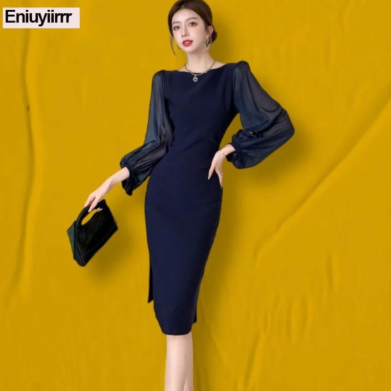 French Design Elegant Knee Length Dress New Office Lady Woman Summer Bandage Bodycon Pencil Sheer Mesh Vintage Dress