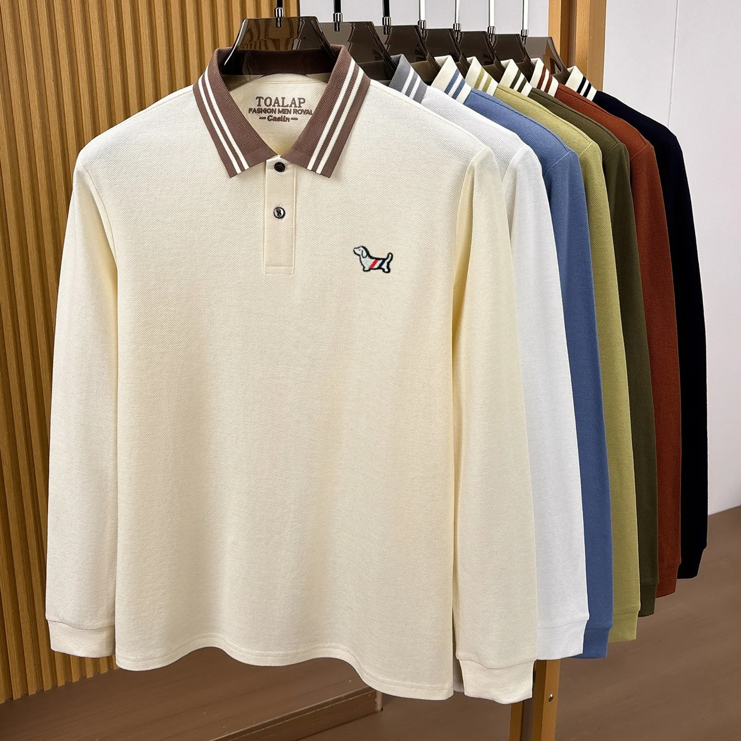 100% Baumwolle Luxusmarke Langarm-Poloshirt Herrenmode neue Freizeitmode niedliche Welpen-Stickerei Komfort Frühling Herbst T-Shirt – Detail 2