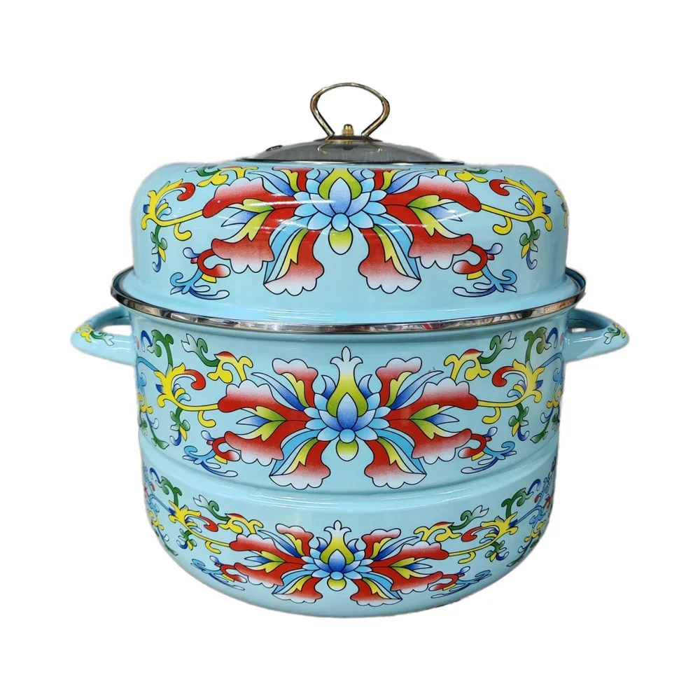 Large capacity double-layer enamel steamer, metal porcelain soup stew pot, induction cooker, gas visual double-layer visual pot
