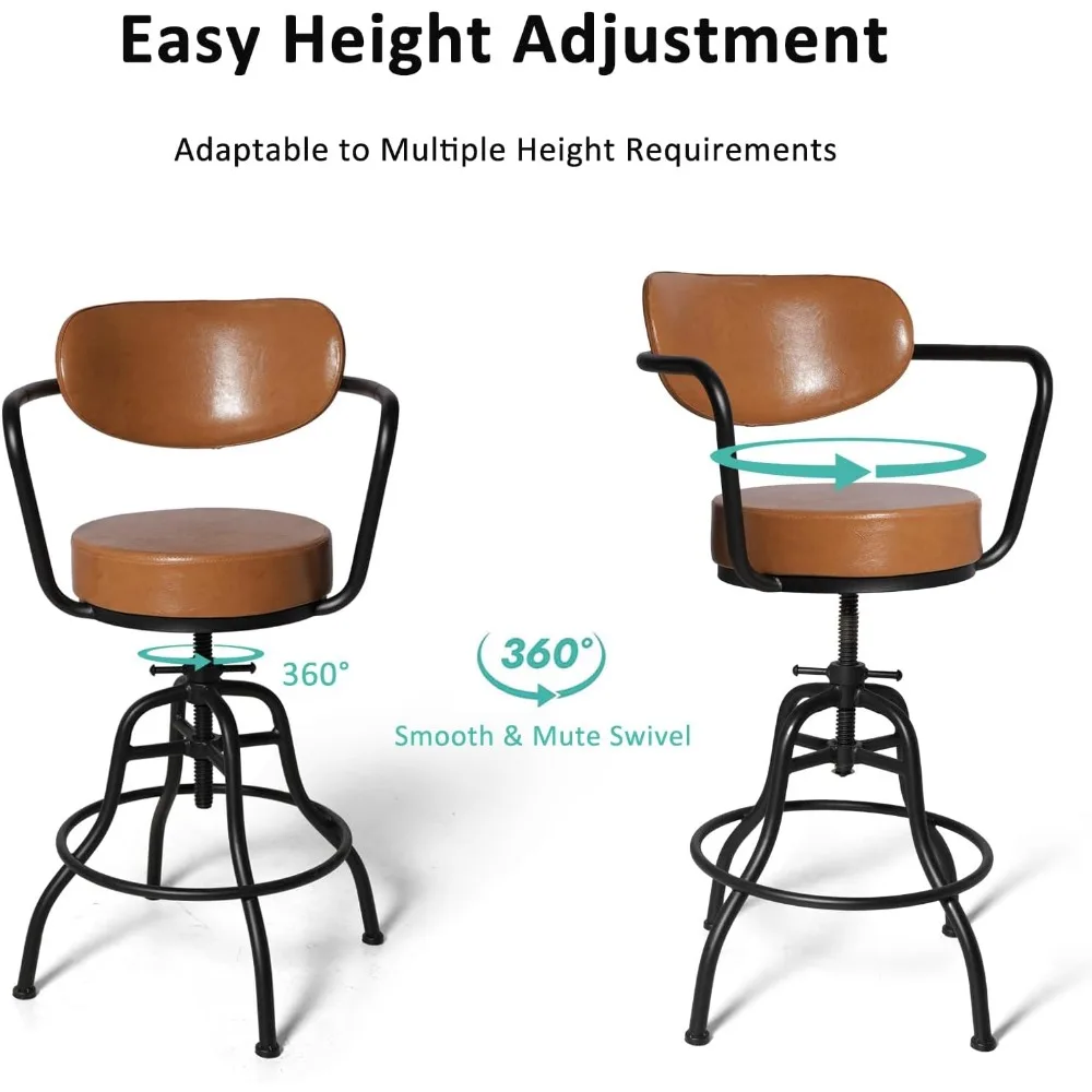 Taburetes de bar modernos de estilo industrial con respaldo, reposabrazos y reposapiés: asientos giratorios y alturas ajustables de 21,7 a 25,6
