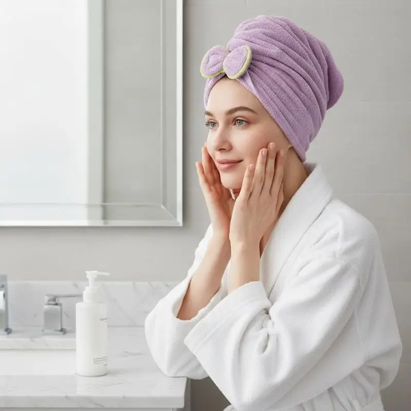 Quick Drying Bowknot Hair Towel Wrap Soft Microfiber Bath Bonnet Cap No Frizz for Women Daily Hair Care