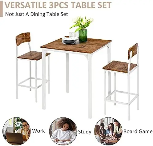 3-Piece Counter Height Bar Table Set, Industrial Kitchen Dining Set for 2, Walnut and White