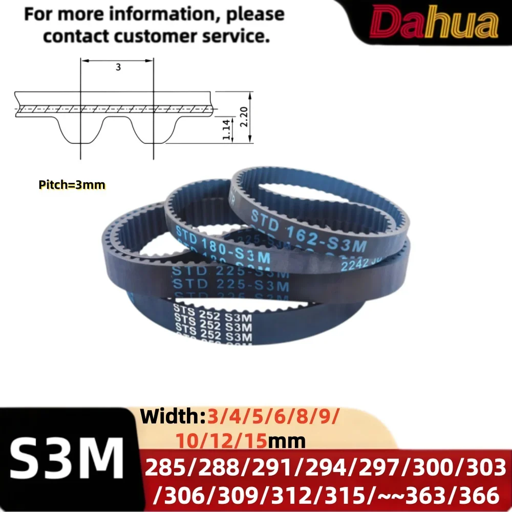S3M Timing Belt 285/288~~363/366mm Width3/4/5/6/8/9/10/12/15mm Rubber Closed Loop Timing Belt 3mm Pitch for 3D Printer CNC Parts