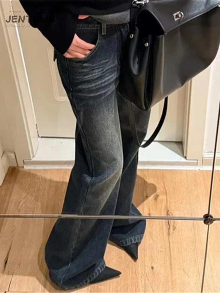 

Vintage Waed Worn-Out Washing High Waist Straight Leg Denim Jeans Women's Loose Fit Casual Wide Leg Slimming Pants Large Size