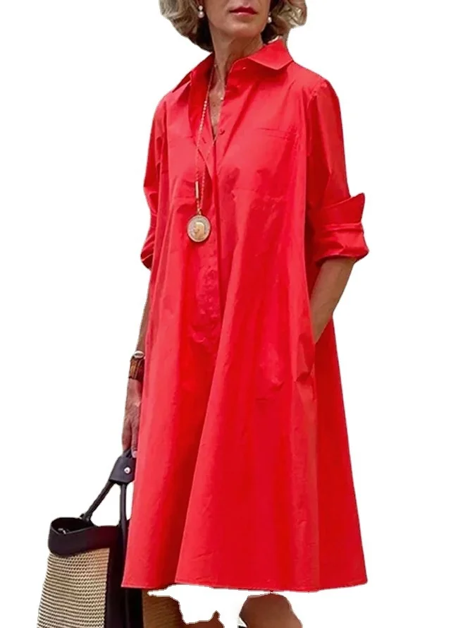 Women's Modern Sle Long Sve Loose irt Dr Simple Pure Color Basic Design Polyester Fiber 00% ort Skirt