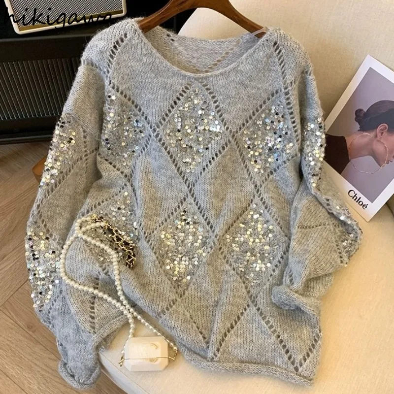 Oversized Pullovers 2024 Women Clothing Sueter Mujer Heavy Sequined Jumper Pull Femme Casual Chic Knitted Thin Sweater Tops