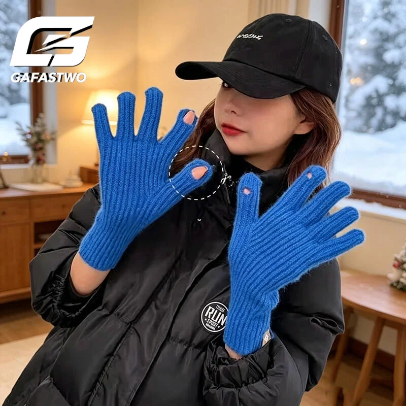 Touchscreen Compatible Casual Long Knitted Gloves Solid Color Warm Winter Mittens for Outdoor Riding