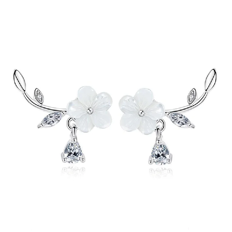 ENSHIR Silver Color Natural Shell Flowers Stud Earrings For Women Zircon Drop Tassel Earrings oorbellen S-E411