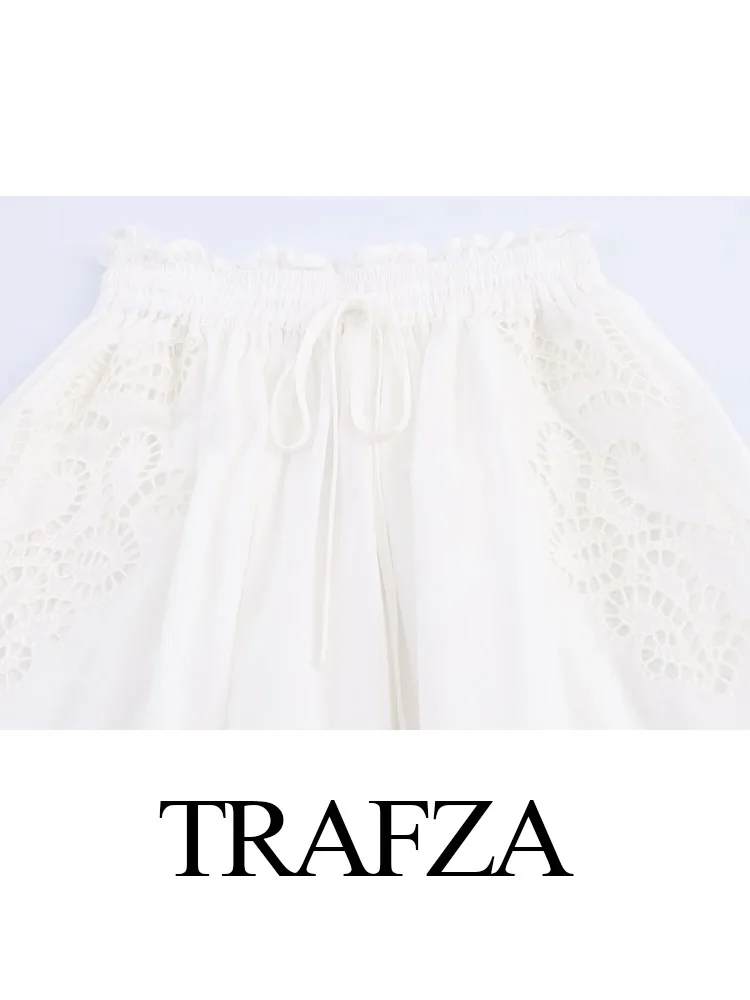 

TRAFZA Women Embroidery Fashion Skirt Suit Lace-up Round Collar Short Sleeve Top+Summer Elastic Waist Hollow Solid Long Skirt