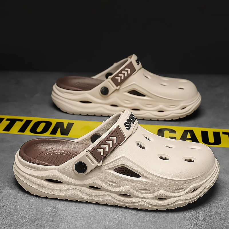 Men's Summer Non-Slip Wear-Resistant Breathable Toe Cap Sandals for Outer Wear Hollow Dual-Use Thick-Soled Beach Slippers