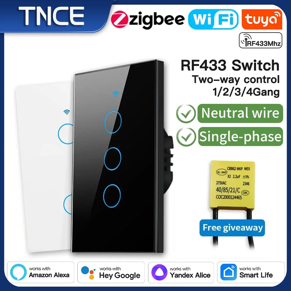 TNCE Tuya US Switch wifi zigbee, 1/2/3/4 gang, No-Neutral/Wire LED light control Wall Button, smart voice with Alexa Google Home