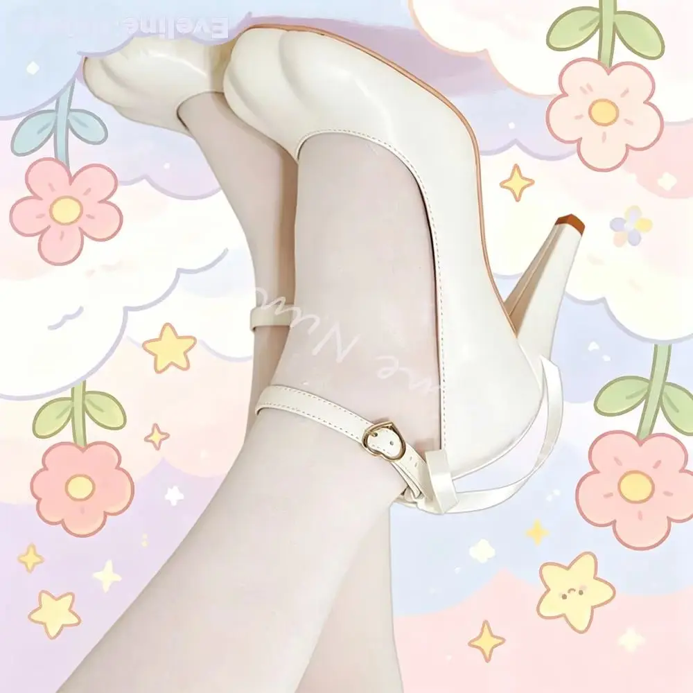 Niche-design Cat-paw Lolita Shoes Girls' White Single-strap Ribbon Stiletto Heel Sandals French-style Mary Jane Ballet Flats