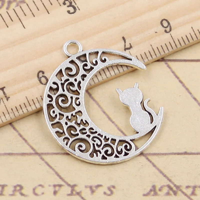 10pcs Charms Moon Cat 30x25mm Tibetan Silver Color Pendants Antique Jewelry Making DIY Handmade Craft