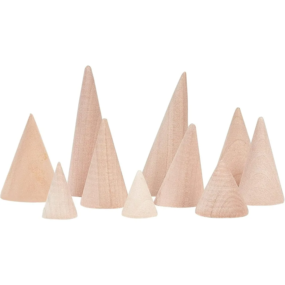 10 Pcs Natural Wood Cone Ring Holders Wooden Ring Display Stands with 10 Different Size Unpainted Wooden Cones Jewelry Display