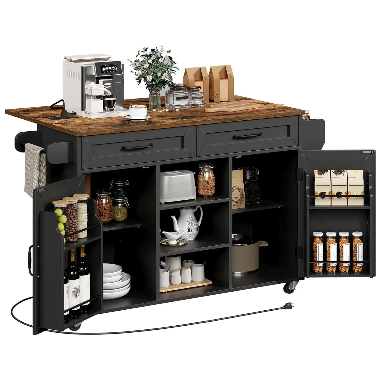 

Кухонный остров с розетками и откидной столешницей, кухонная тележка с местом для хранения, выдвижным ящиком и полкой для специй, напольная стойка, остров, на заказ