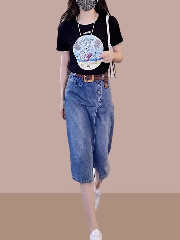 plus Size Casual Faionable Set Women's Summer 2025 High Waist Midi Skirt And T-irt Denim Skirt Casual Versatile Women's Wear