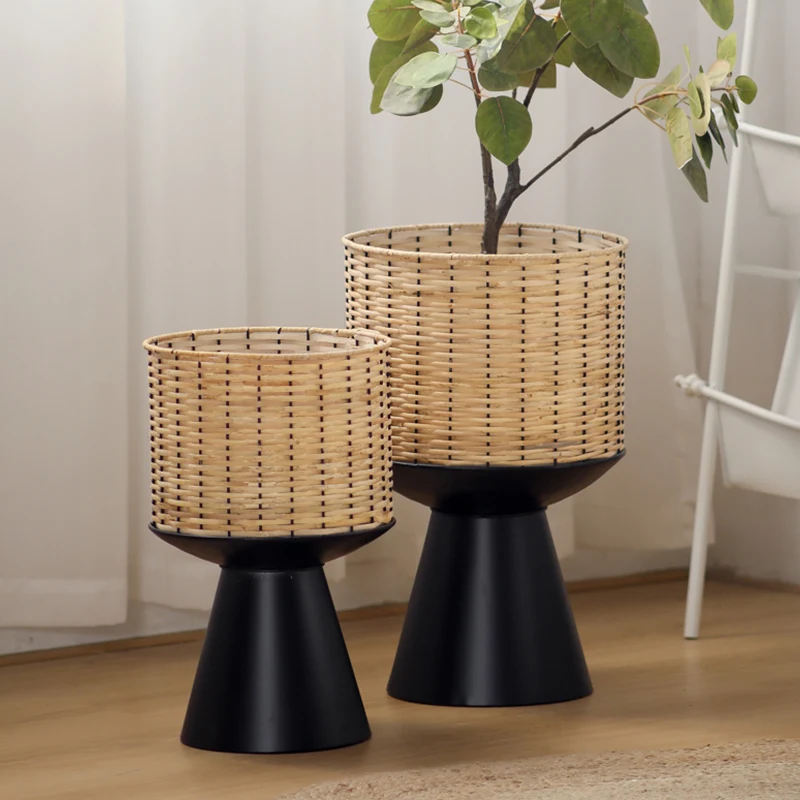 

Rattan flower pot geometric modern light luxury simple balcony indoor wrought iron minimalist living room floor-to-ceiling green