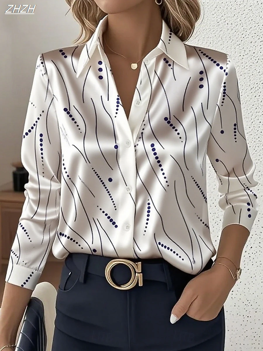 Women's 2025 Long Sleeve Shirt,Polyester Blend Slim Fit, Geometric Striped Graphic Casual Daily Wear, Spring Autumn Blouse Tops