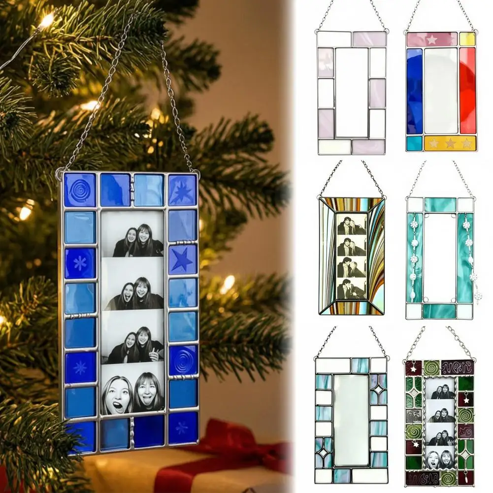 Acrylic Photo Frame Light Catcher Retro Stained Glass Style Hanging Display with Chain, Transparent Decorative Ornament