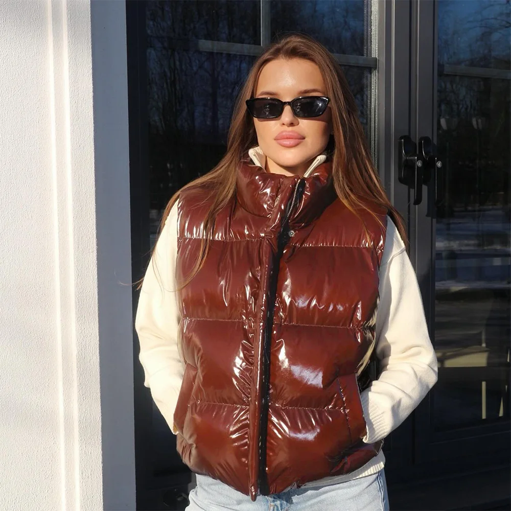 Women Vest Quilted Coat Fall Winter New Brown Shiny Stand Collar Sleeveless Jacket
