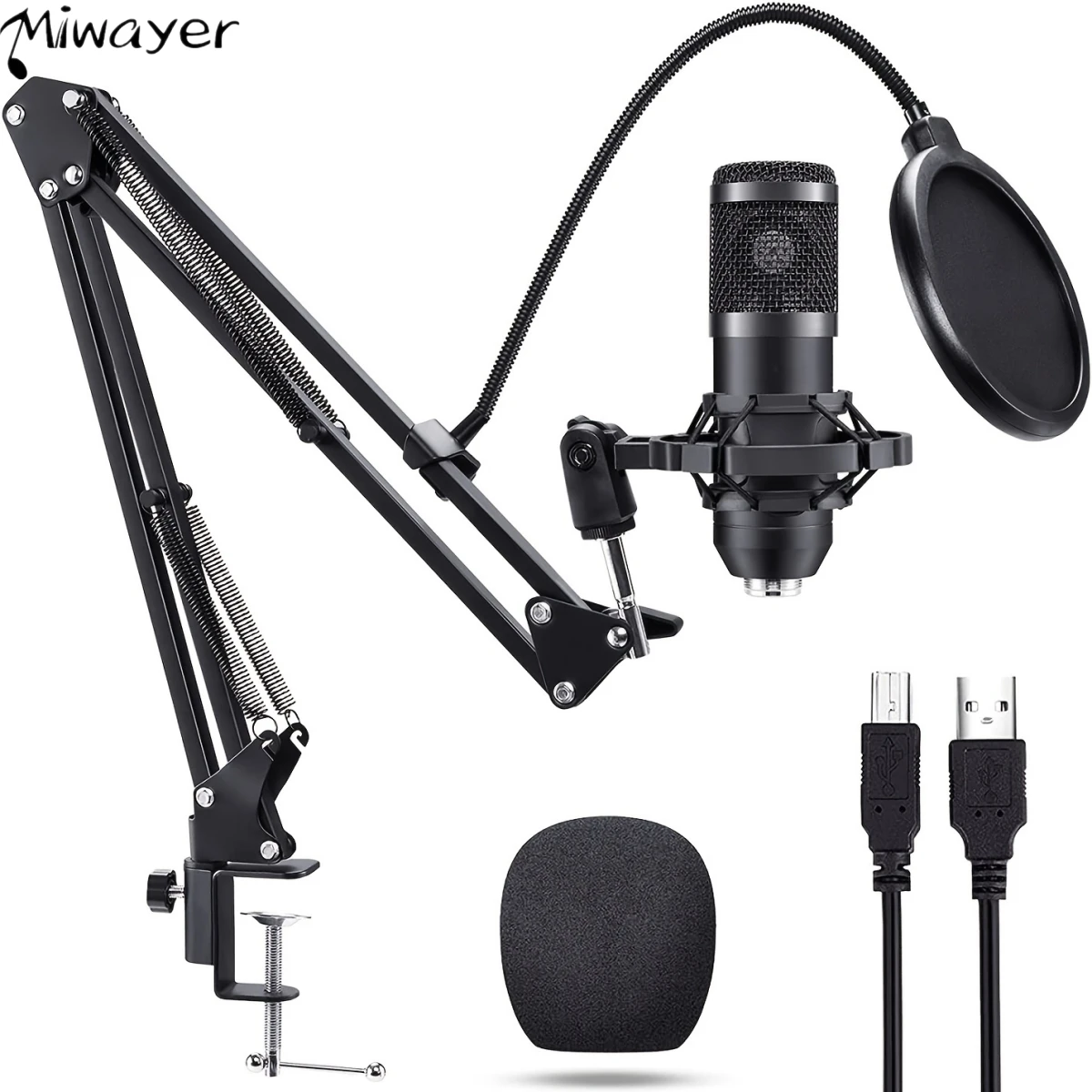 Miwayer USB 녹음 마이크 전문 콘덴서 마이크 키트, 관절 암 포함, 게임 팟캐스팅, 유튜브 스트리밍용 