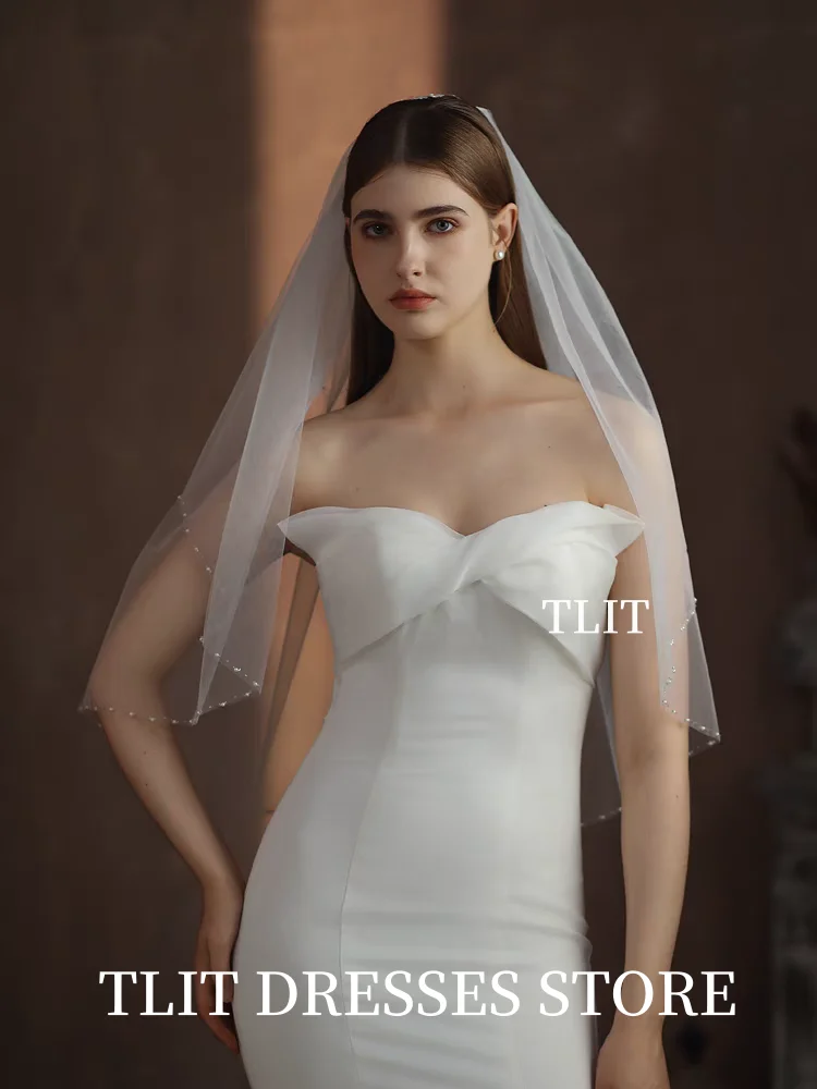TLIT Элегантный однослойный свадебный головной убор с фатой длиной до локтя и жемчугом с обрезанным краем по краю по индивидуальному заказу для женщин