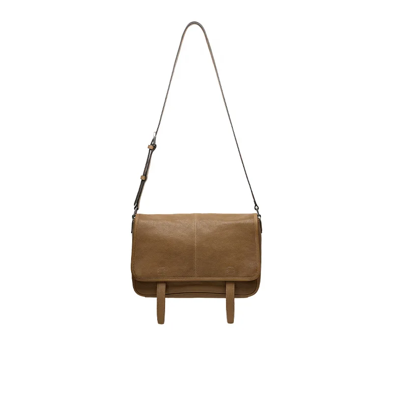 QIUZHEN Vegetable-Tanned Cowhide Messenger Bag Casual Vintage Commuter Shoulder Bag Crossbody Underarm Bag