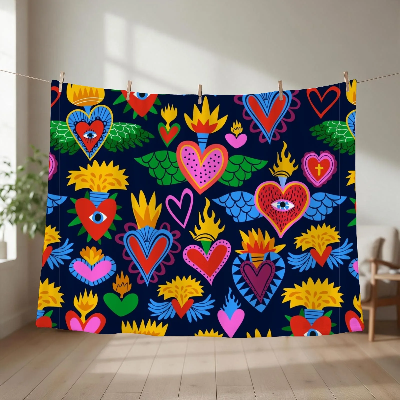 Sacred Hearts Mexican Folk Art Throw Blanket couch cozy soft plush fuzzy picnic outdoor blanket