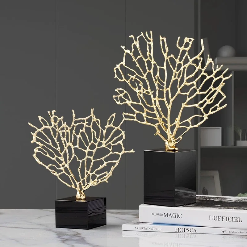 Metal Coral Simulation Golden Tree Marble Base Hollow Desktop Crafts Ornaments Home Decoration Figurines