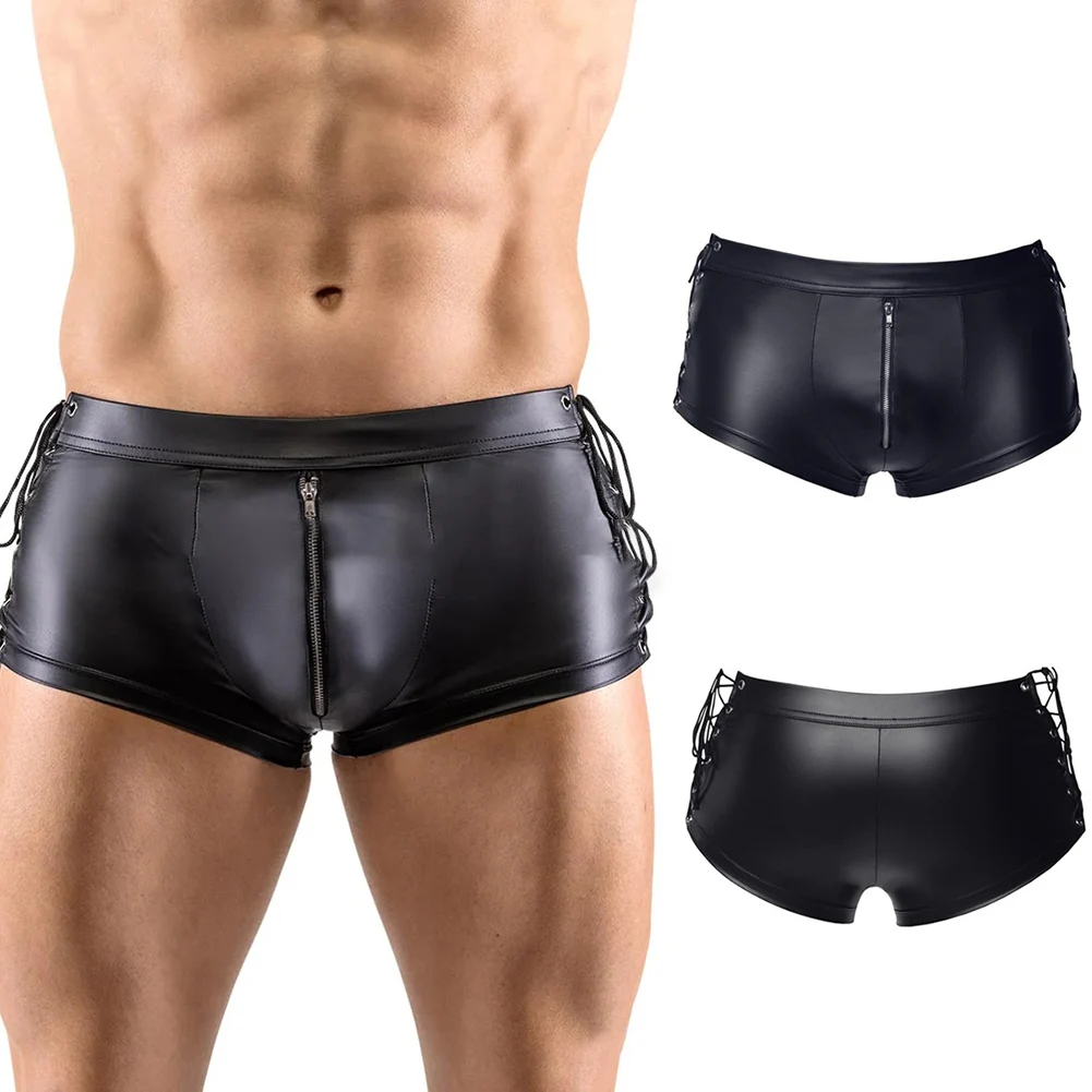 

Men Underwear Sexy Lingerie Male Boxer Shorts With Zipper Seamless Slip Pu Leather Gay Casual High Quality Underpants Mens Gifts