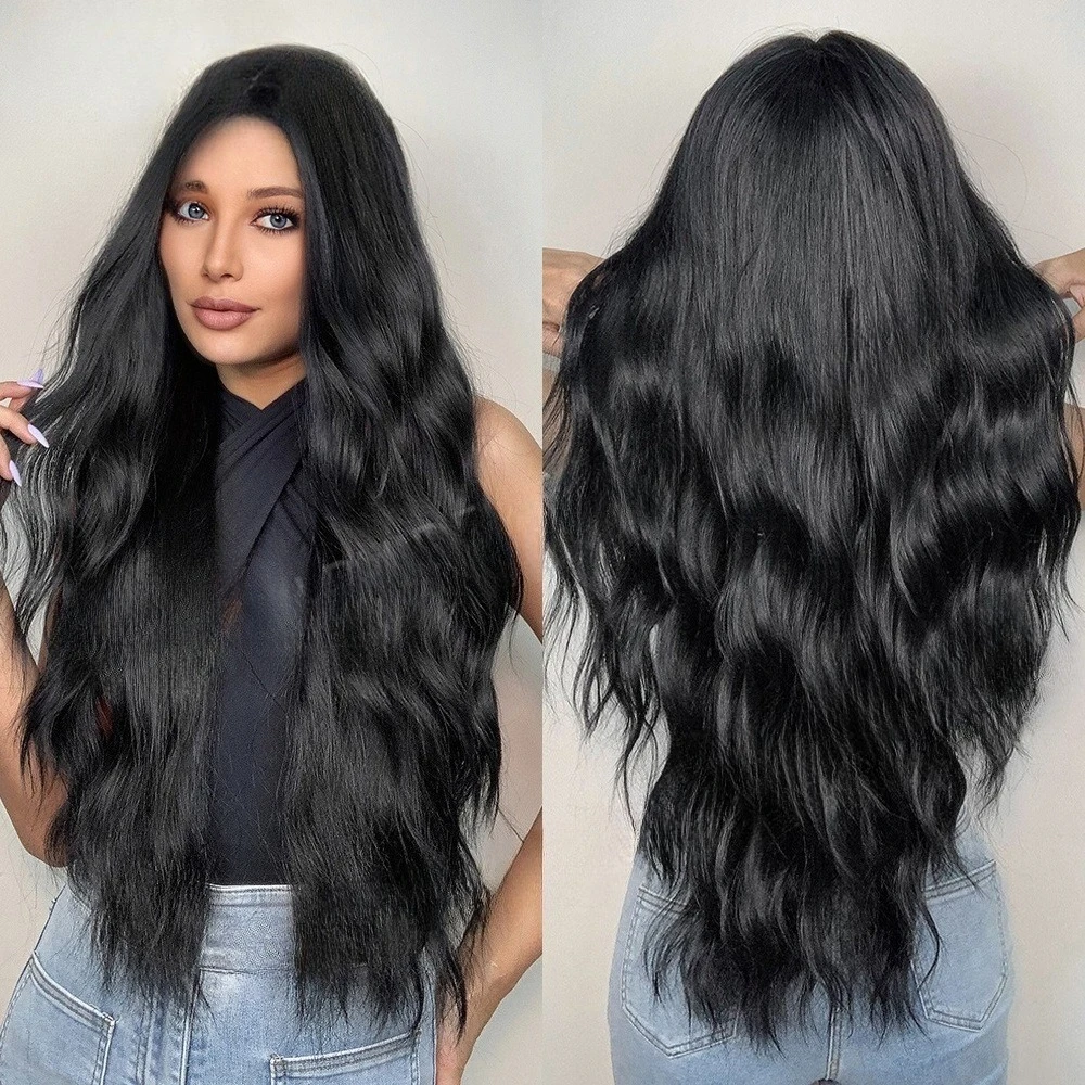 

1B black long curly hair 28in black wig female new product mechanism high temperature silk