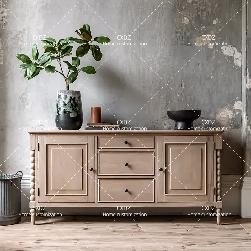 American Rural Retro Solid Wood Dining Side Cabinet French Living Room TV Console Wall Mounted Entrance Storage Locker