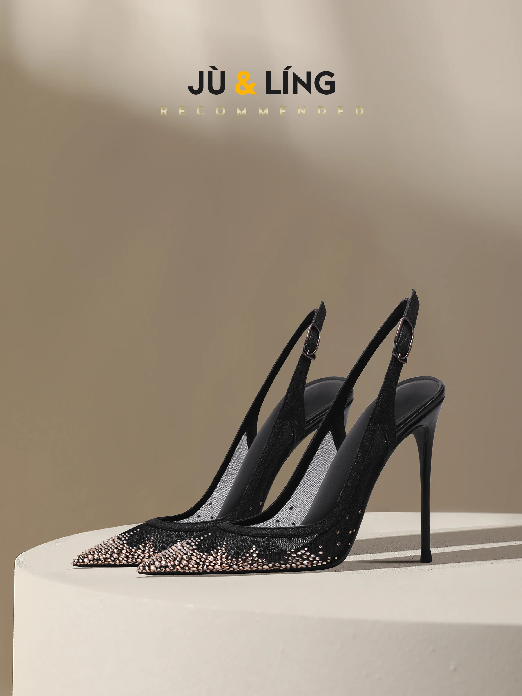 New Summer Black Mesh Rhinestone High Heels for Women, Slim Heels, Shallow Toe, Sexy Sandals with A Single Buckle Strap image 4