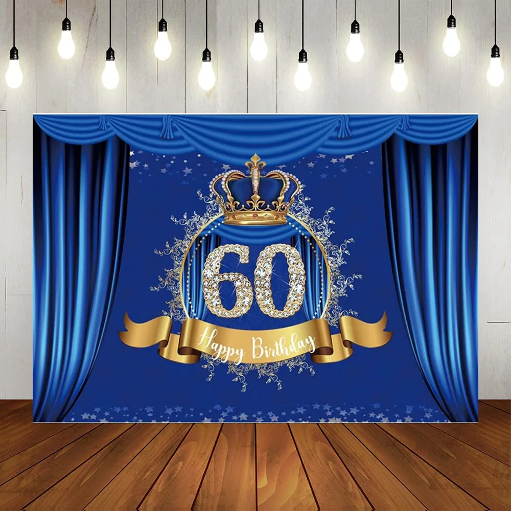 

Happy 60th Birthday Party Banner Decorations Blue Gold Crown Backdrop Background Men Women Anniversary Background Photography