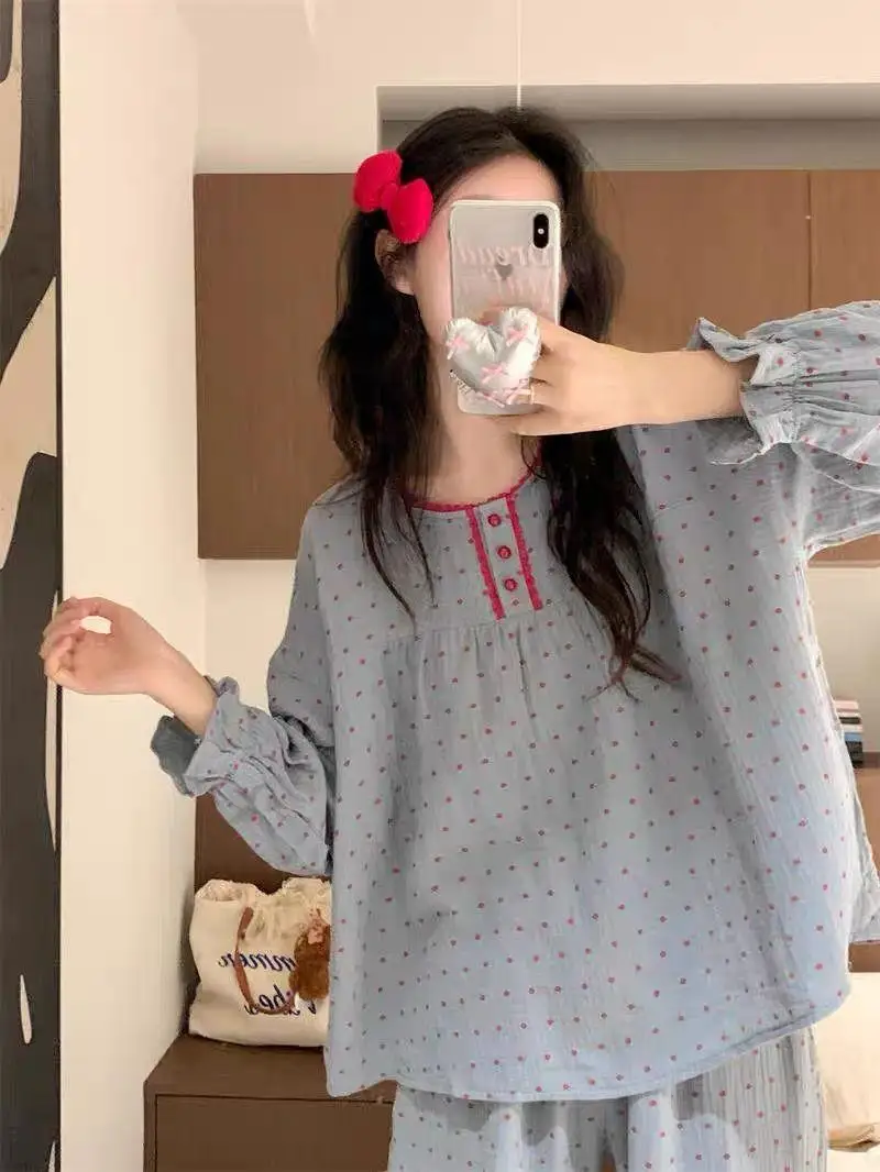 

Polka Dot Lace Trim Long Sleeve round Neck Nightgown Set Sweet Cute Style Spring Autumn Home Clothes for Young Women