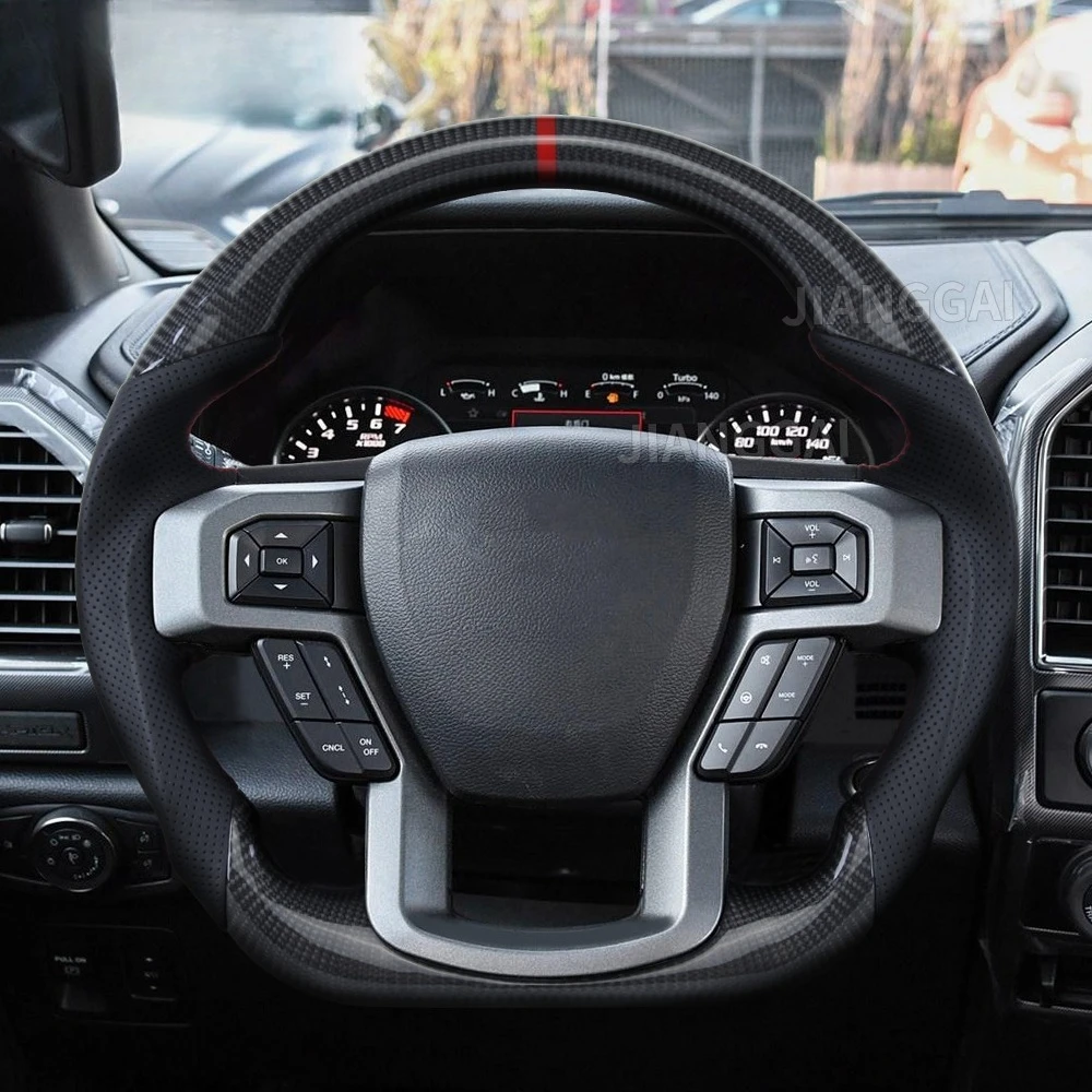 

Dry Carbon Fiber Car Steering Wheel Red Position Line Without Heating Fit For Ford F150 Raptor 2015-2020 Paddle Hole Version
