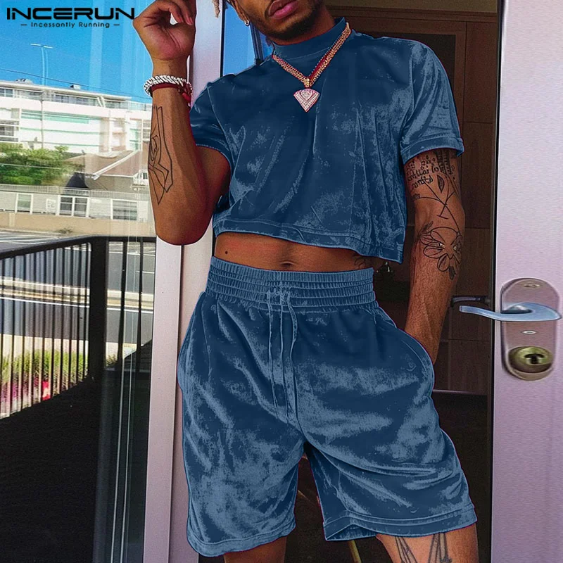 INCERUN Men Sets Solid Color Velour O-neck Short Sleeve Crop Tops & Shorts Two Pieces Sets Streetwear 2024 Fashion Men\'s Suits