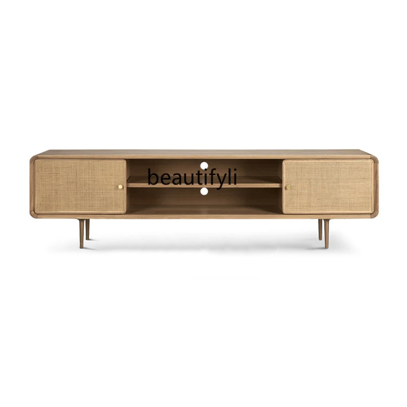 

Nordic solid wood TV cabinet small apartment simple rattan floor cabinet modern simple bedroom living room locker