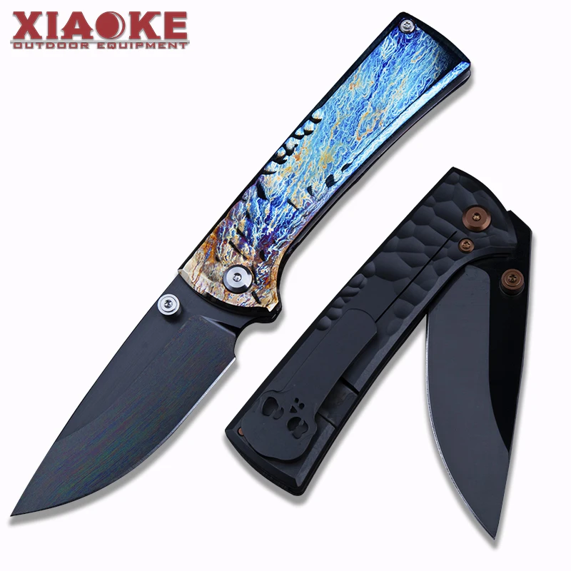 Premium M390 folding knife with DLC coated blade titanium handle artistic flame anodizing perfect for collection and outdoor EDC