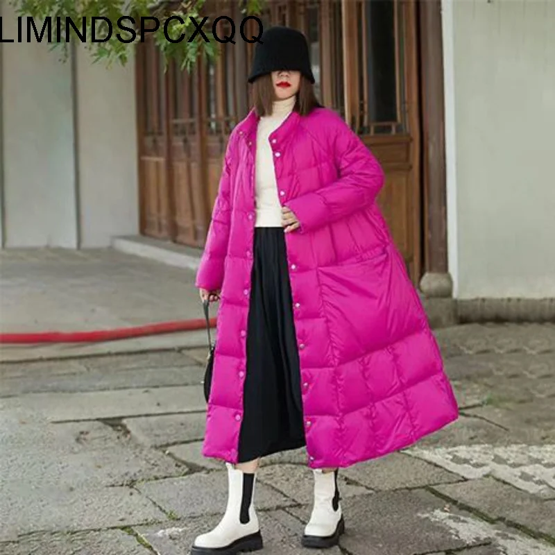 90% White Duck Down Winter Jacket For Women Pocket Down Coat Women Mid Length Stand Loose Chaquetas Para Mujeres