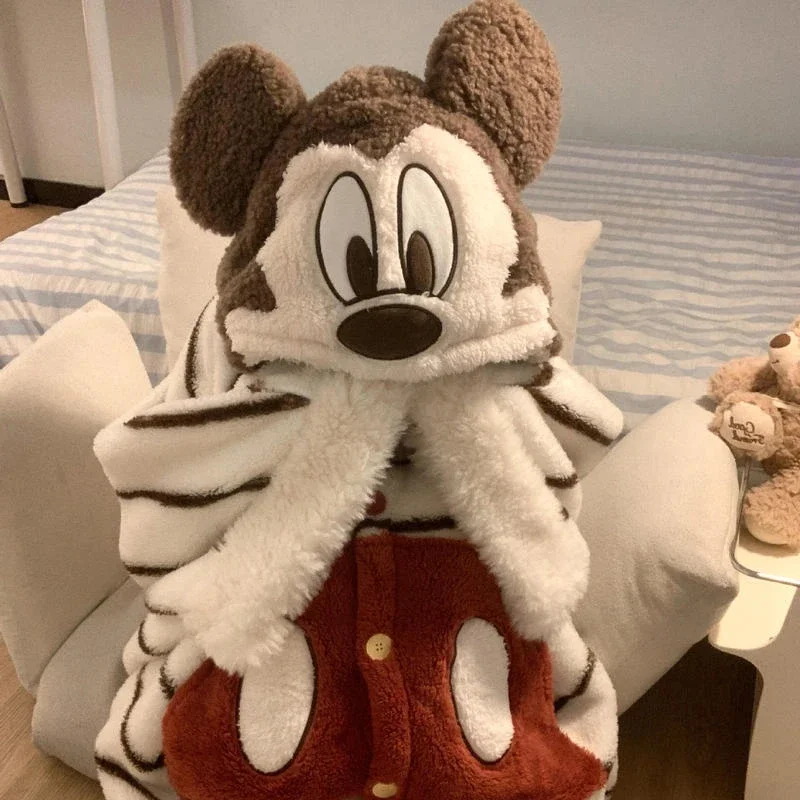 

Disney Cute Cartoon Mickey Pajamas Hooded Nightgown Coral Fleece Thickened Home Suit Set Autumn Winter Warm Sleepwear Robe Gifts
