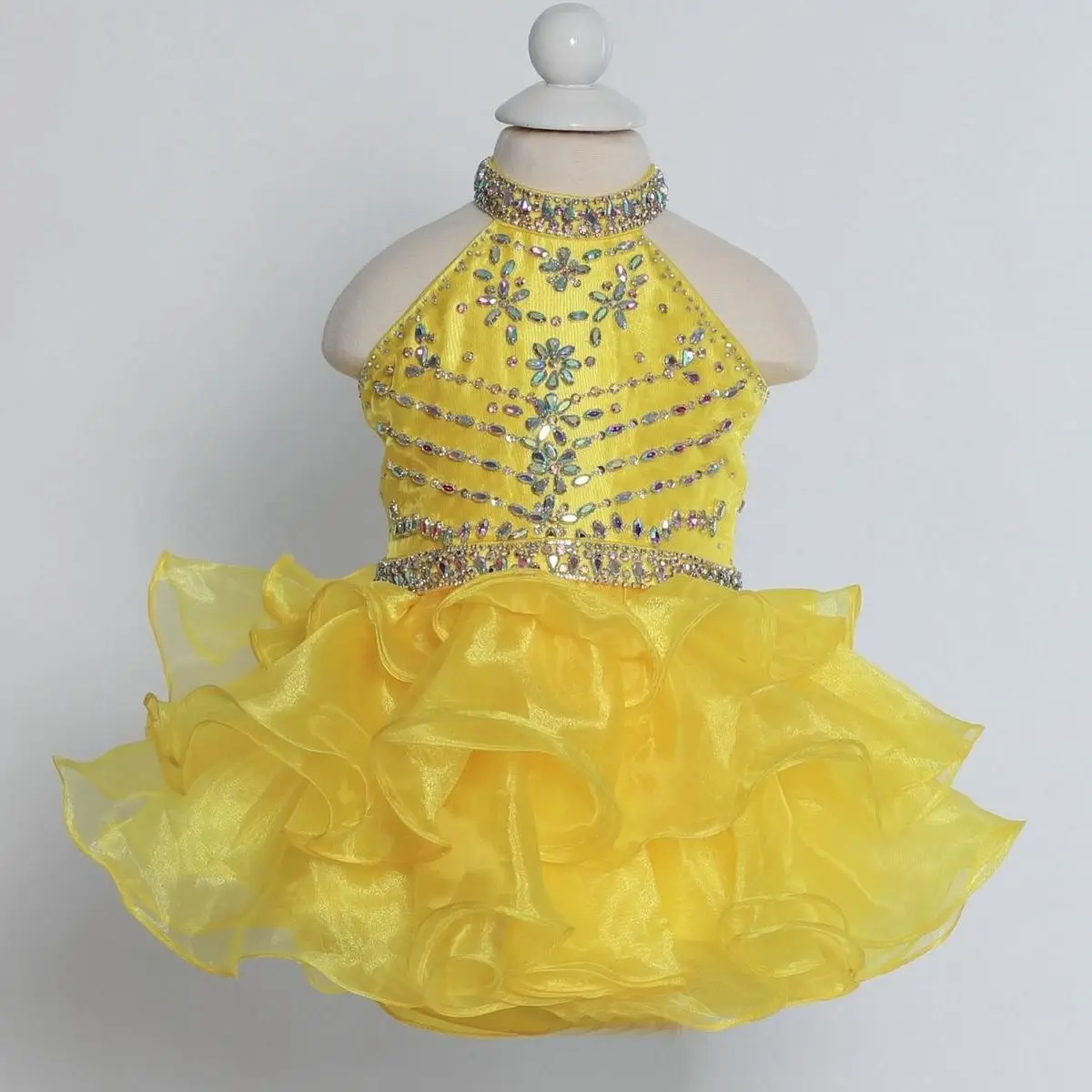 Gold Girls Pageant Dresses Ball Gown Halter Short Mini Organza Ruffled Beaded Flower Girl Dresses For Weddings Little Baby Kids