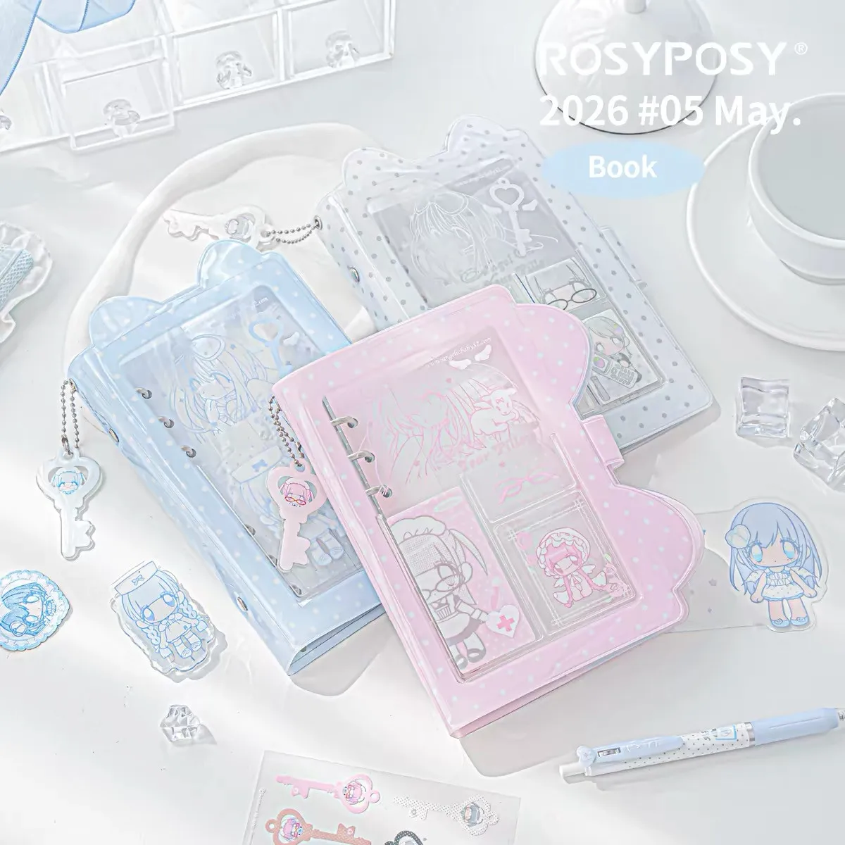 MINKYS Kawaii Pink/Baby Blue A6 Binder Cat Ear Planner Notebook Korean Cute Girl Polka Dot A6 Binder Notebook Diary Journal