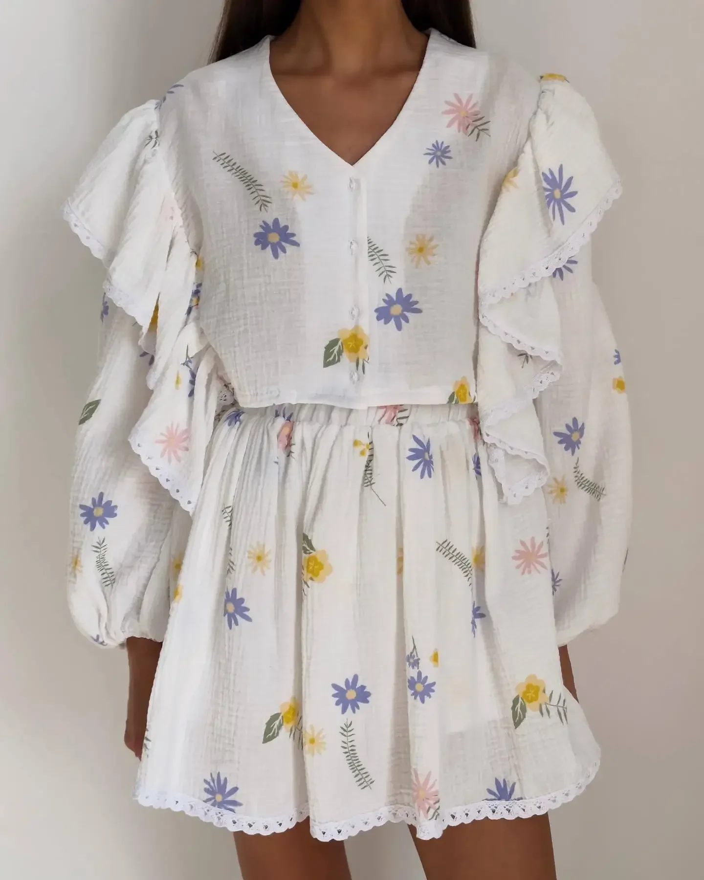 

Винтажный комплект с юбкой и топом для женщин: летний повседневный костюм из двух предметов с рюшами и длинными рукавами, милый женский наряд для отпуска