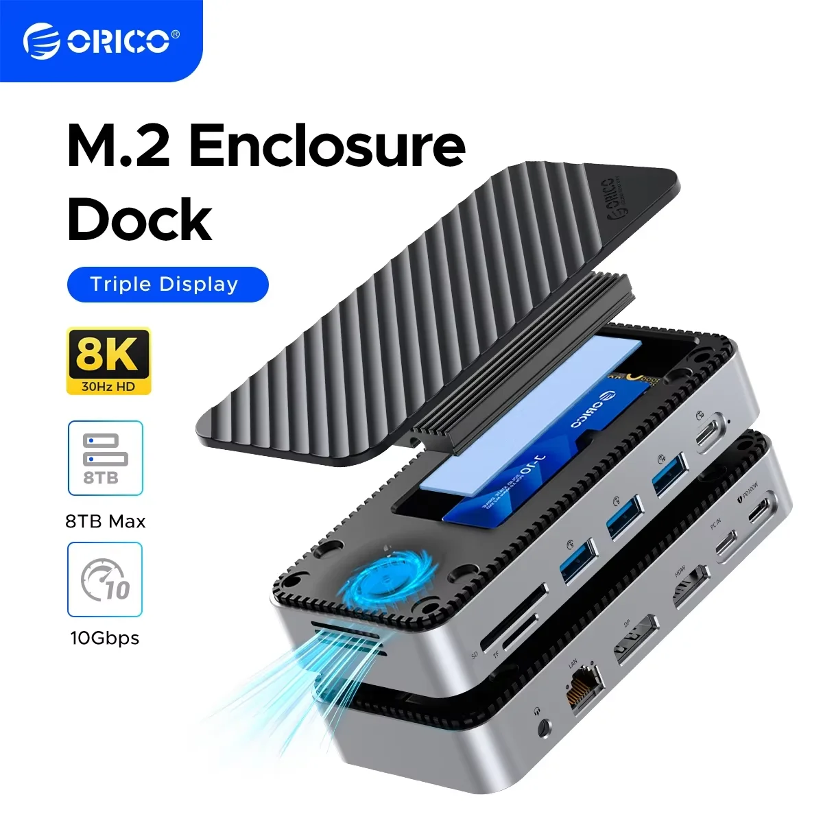 

ORICO M2P11 USB C Display HUB with Cooling Fan M.2 NVMe SATA SSD Enclosure External 10Gbps HDMI-Com RJ45 SD/TF Docking Station