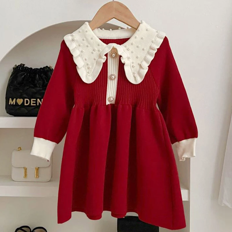 2 3 4 5 6 Years Girls Sweater Dress Splicing Lapel Pearl Decoration Pleated Skirt For Baby Girls Fashion Knitted Bottom Shirt