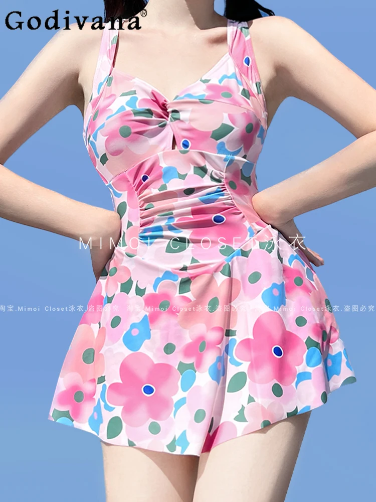 

2024 Summer New Fashion Swimsuit Japanese Sweet Y2k High Waist Slim-fit One-Piece Elegant Swimwear Vacation Beach Dress Women