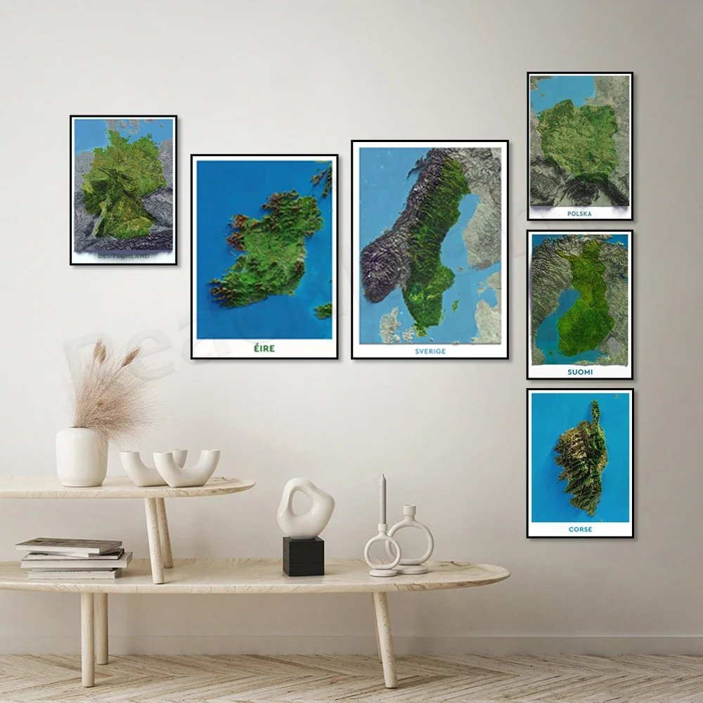 فنلندا، إيطاليا، السويد، ألمانيا، كورسيكا، بولندا، الدنمارك، أيرلندا صورة جوية خريطة تخفيف الظل التضاريس قماش طباعة ملصق