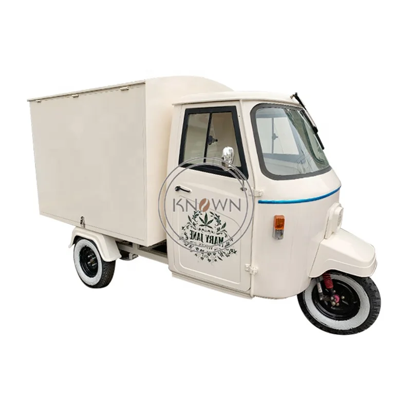 Triciclo eléctrico Tuk móvil, carrito de madera para comida Piaggio Ape, carrito de café, gran oferta