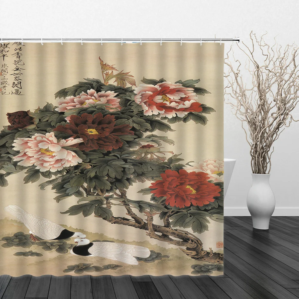 

Ink Painting Scenery Shower Curtain Chinese Style Peony Flower And Bird Printed Waterproof Fabric Bath Curtains Bathroom Screen